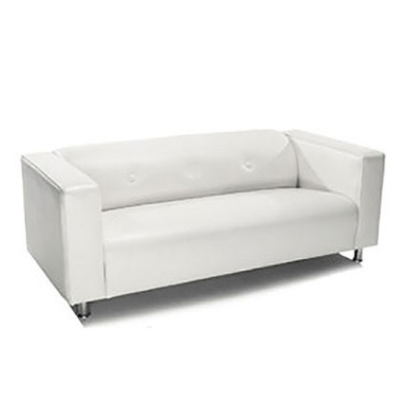 White Leather Double Seat Couch With Silver Legs For Hire.