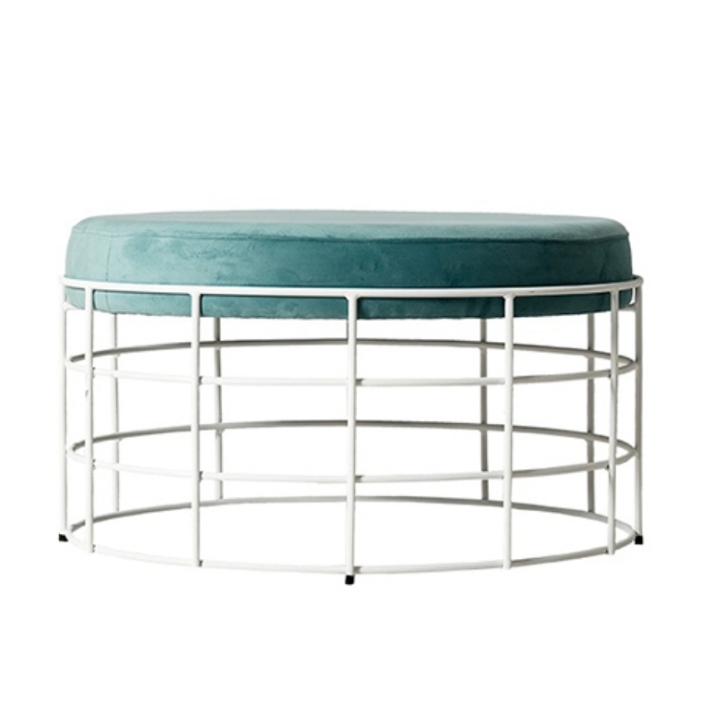 Round Ottoman With White Steel Frame And Round Blue Cushion.