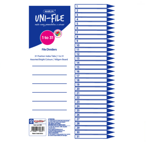MARLIN FILE DIVIDER, INDEXES 1 TO 31 BRIGHT