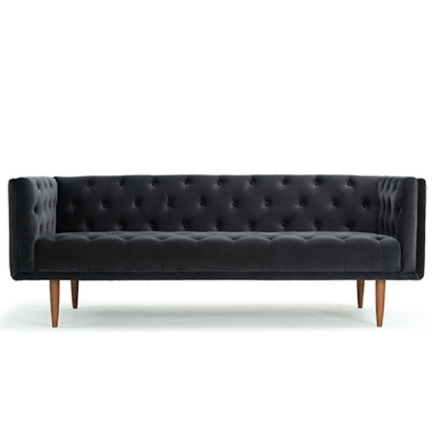 Three Seat Couch With Dark Suede Fabric And .Dark Wooden Legs