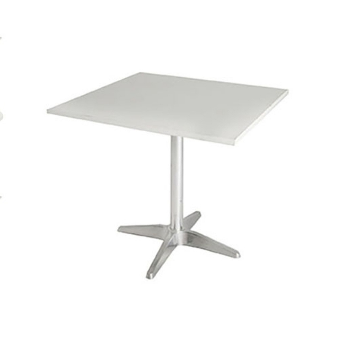 Square Cafe Table With White Wooden Top And Steel Legs.