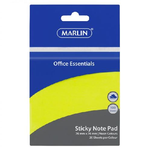 MARLIN STICKY NOTE PAD 100 SHEETS 76mm x 76mm, NEON YELLOW