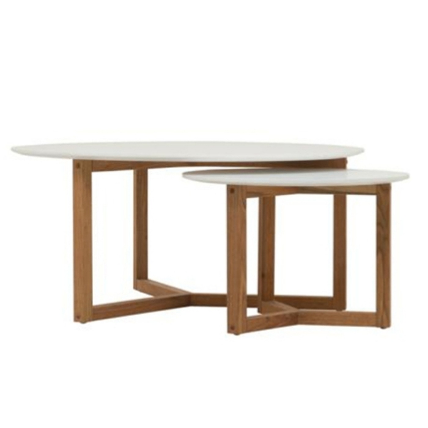 Nesting Table With Wooden Frame And White Round Tops.