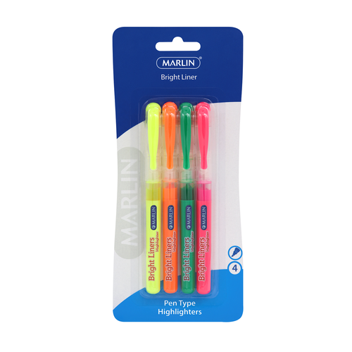 MARLIN BRIGHT LINER PEN TYPE HIGHLIGHTERS 4's, ASSORTED COLORS