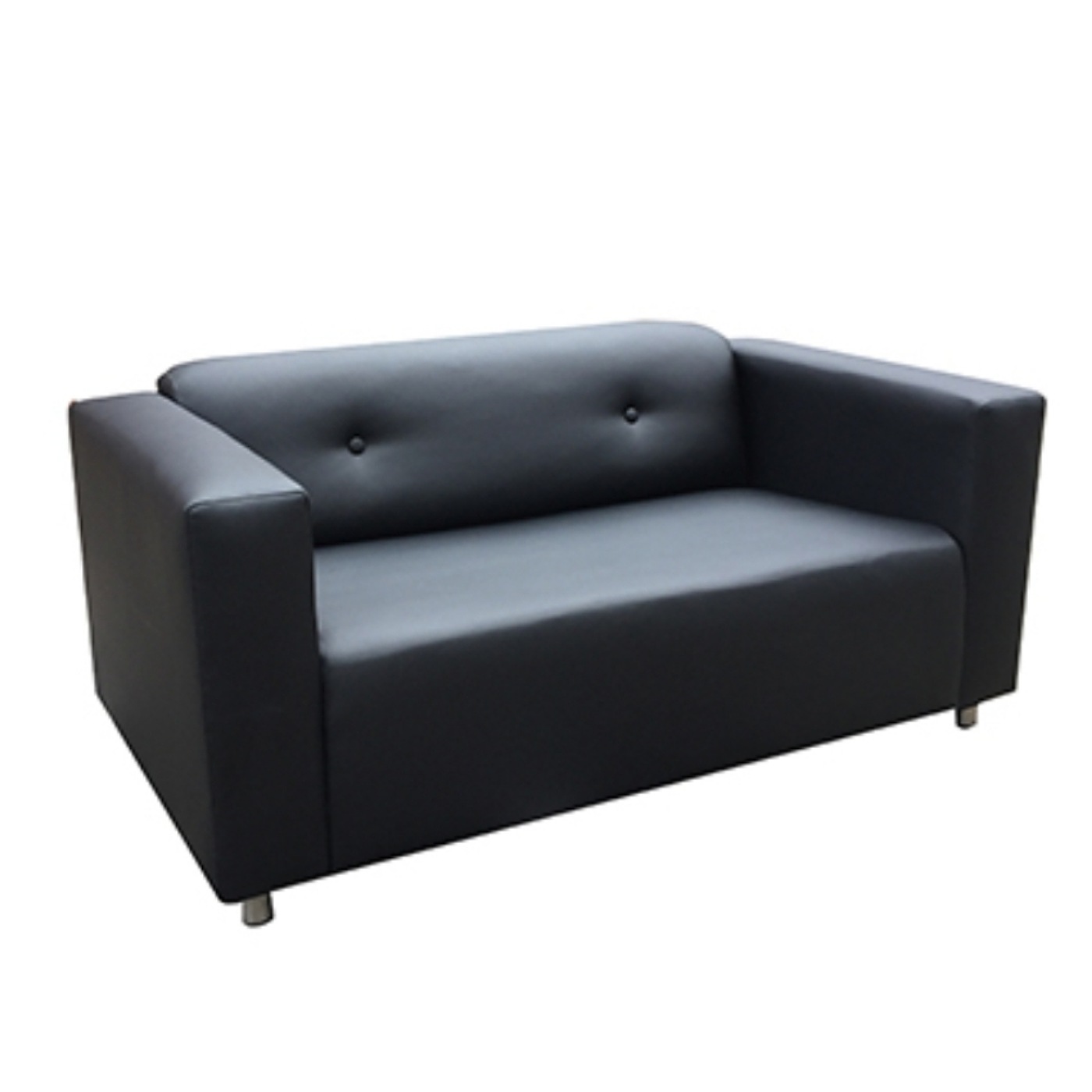Black Two Seat Leather Couch With Two Buttons On The Back Rest.