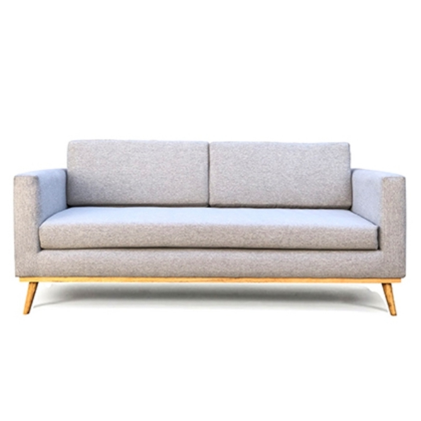 Two Seat Grey Fabric Couch With Wooden Legs.
