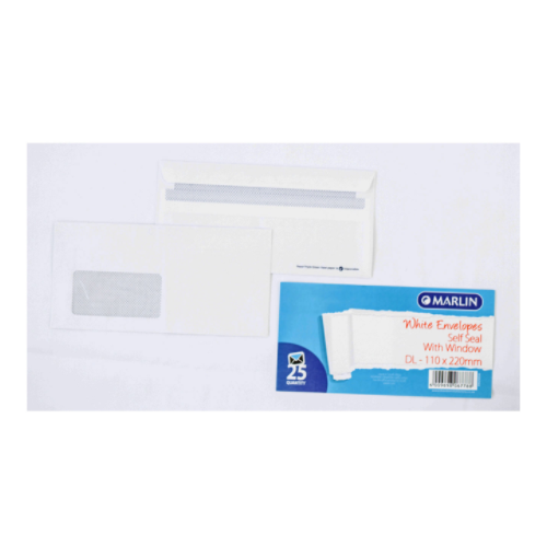 MARLIN ENVELOPES DL WHITE WITH WINDOW SELF SEAL 25's