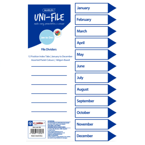 MARLIN FILE DIVIDER, INDEXES JANUARY TO DECEMBER PASTEL