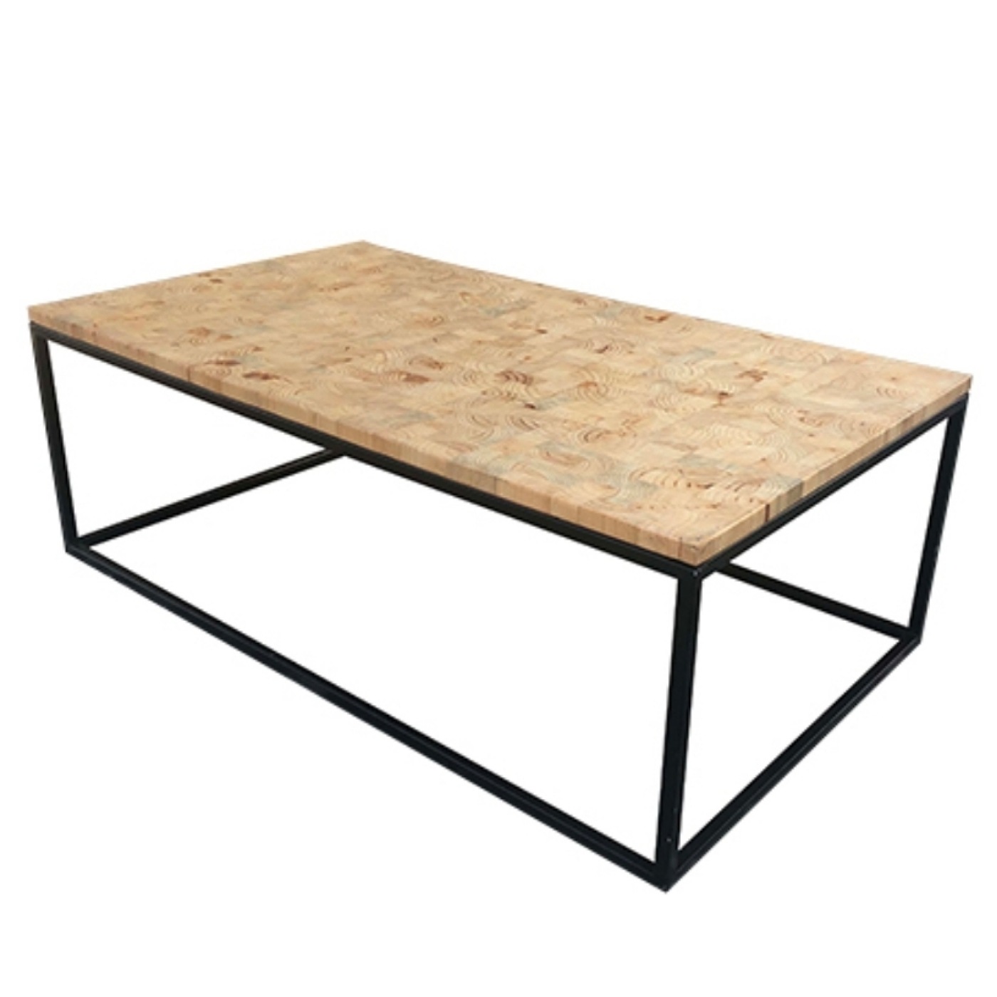 Coffee Table With Black Steel Rectangular Frame With A Natural Wooden Top.