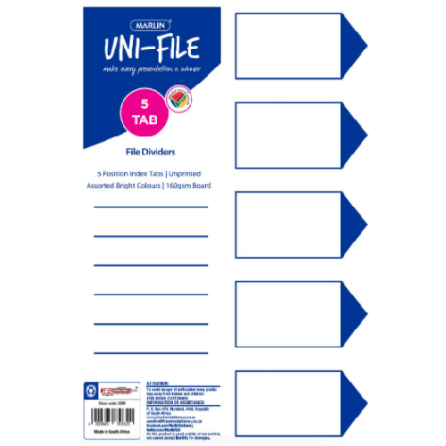 MARLIN FILE DIVIDER, INDEXES 5 POSITION BRIGHT