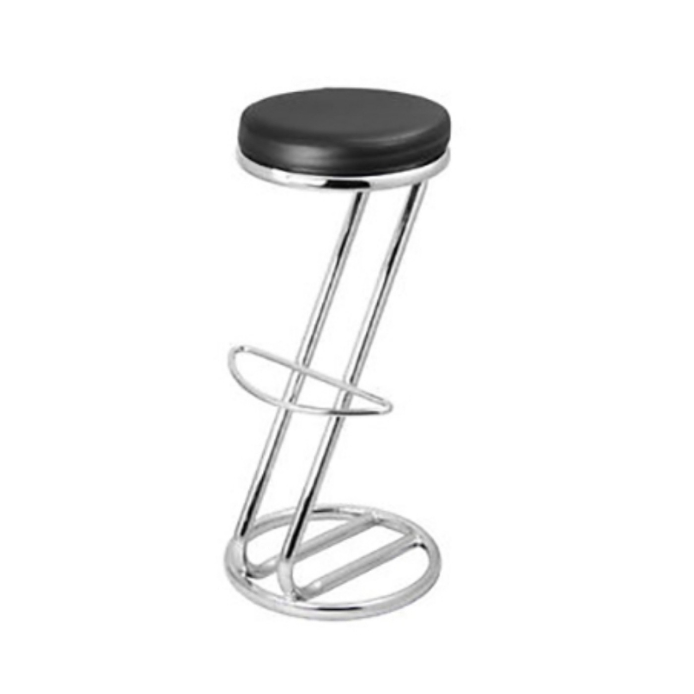 Bar Stool With A Silver Steel Base And A Black Round Cushion.
