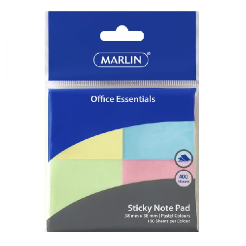 MARLIN STICKY NOTE PAD 100 SHEETS 38mm x 38mm, 4 PASTEL COLORS