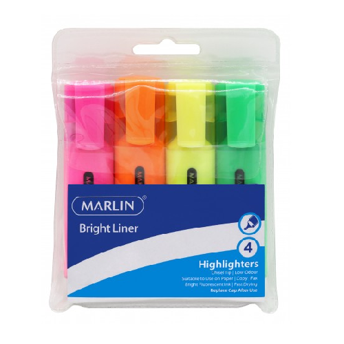 MARLIN BRIGHT LINER HIGHLIGHTERS 4's, ASSORTED COLORS