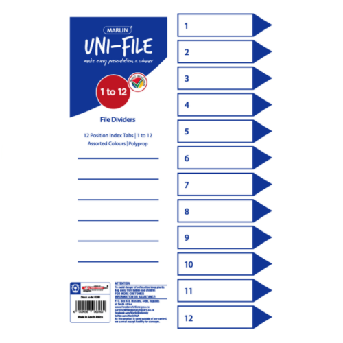 MARLIN FILE DIVIDER, INDEXES 12 POSITION PRINTED 1 TO 12 POLYPROPYLENE