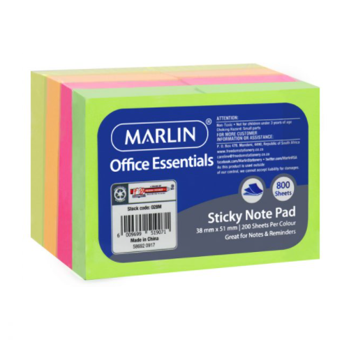 MARLIN STICKY NOTE PAD 8 x 100 SHEETS 38mm x 51mm
