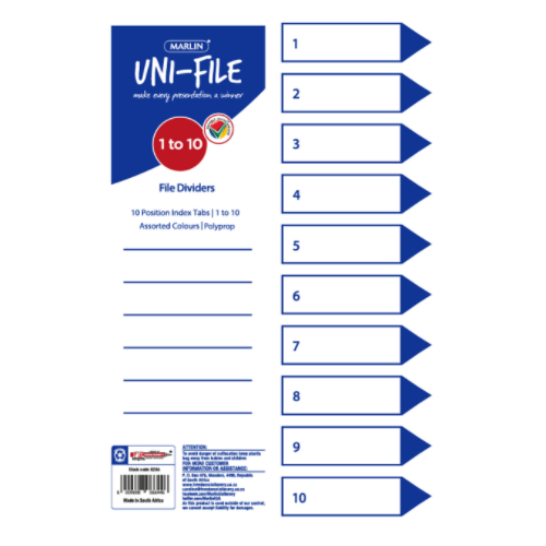 MARLIN FILE DIVIDER, INDEXES 10 POSITION PRINTED 1 TO 10