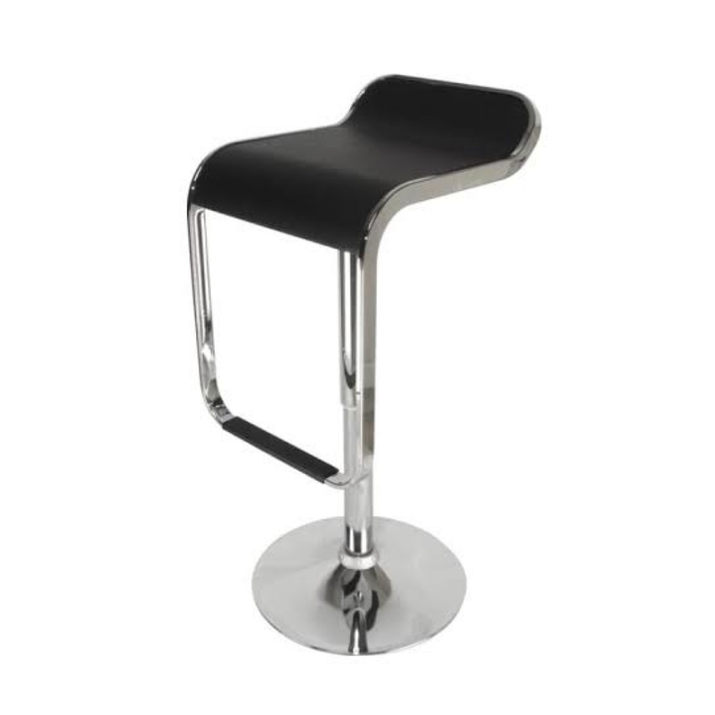 Steel Bar Stool With Black Seating And Steel Footrest.