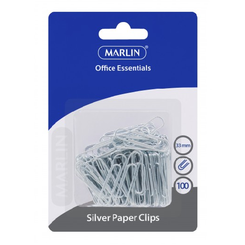 MARLIN OFFICE ESSENTIALS SILVER PAPER CLIPS, 100's, 33MM