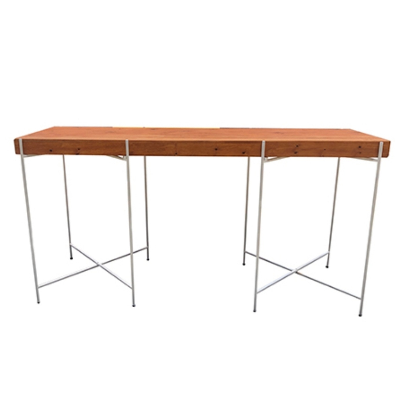 Rectangular Cocktail Table With Wooden Top And White Steel Crossed Legs.