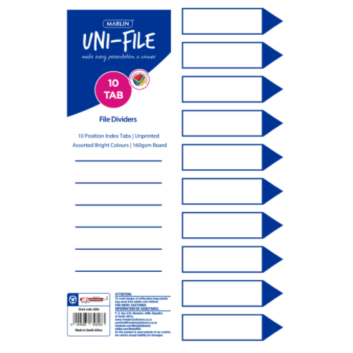 MARLIN FILE DIVIDER, INDEXES 10 POSITION BRIGHT