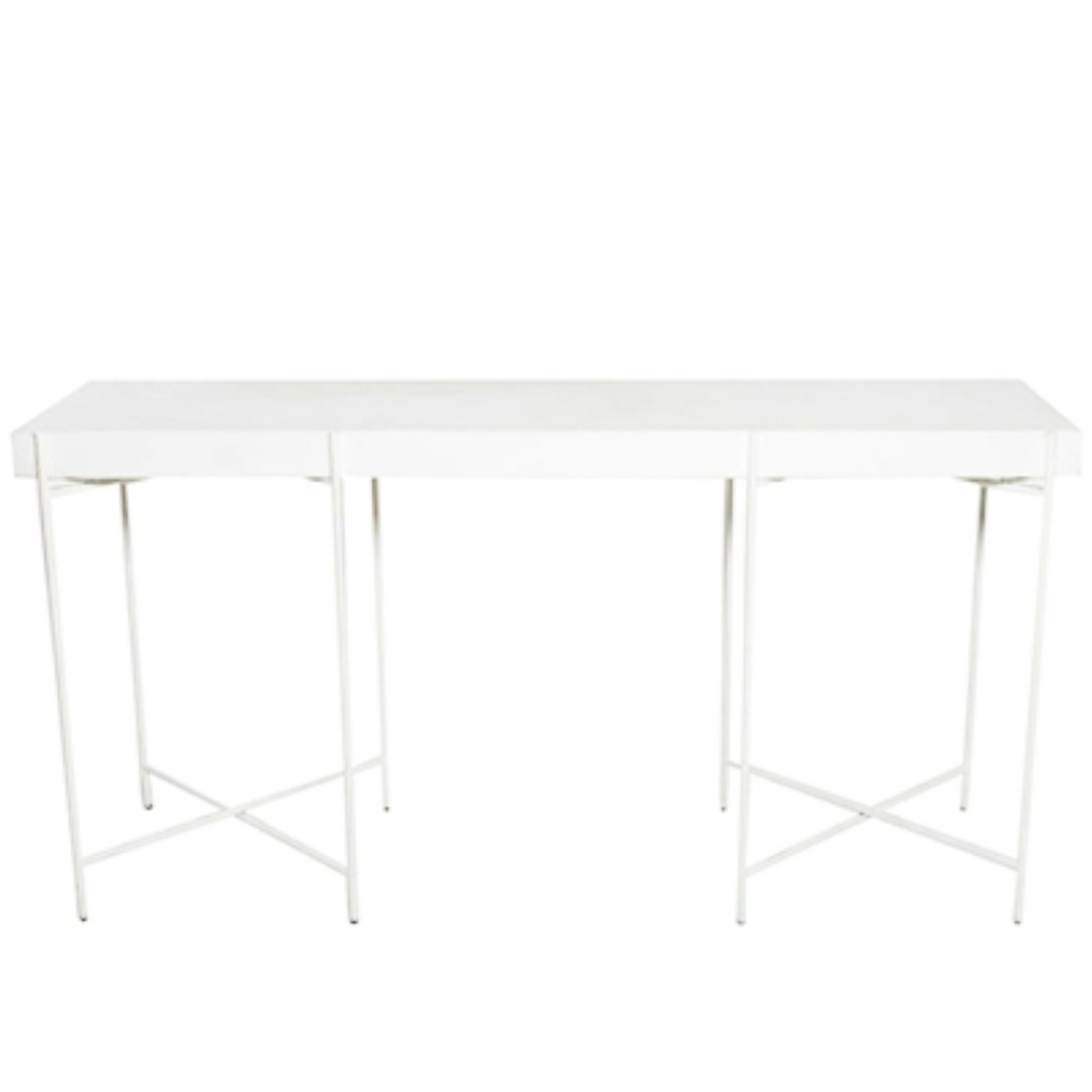 Rectangular Cocktail Table With White Top And White Steel Crossed Legs For Hire.