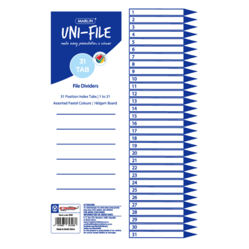 MARLIN FILE DIVIDER, INDEXES 1 TO 31 PASTEL