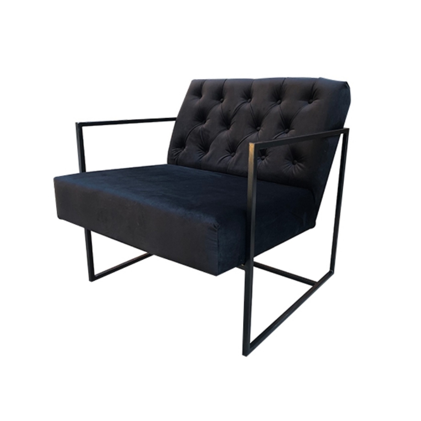 Single Seat Couch With A Steel Frame And Black Suede Cushions.